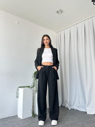 Kadın Siyah Oversize Ceket Pantolon Takım