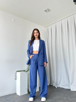 Kadın Mavi Oversize Ceket Pantolon Takım
