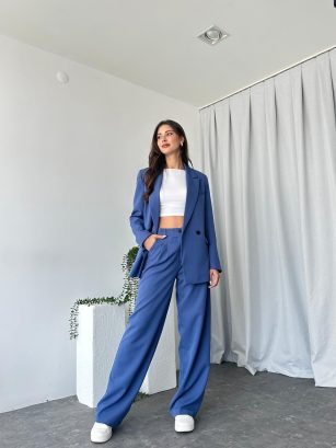 Kadın Mavi Oversize Ceket Pantolon Takım