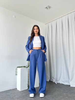 Kadın Mavi Oversize Ceket Pantolon Takım