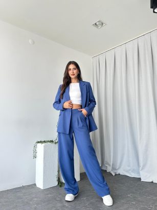 Kadın Mavi Oversize Ceket Pantolon Takım