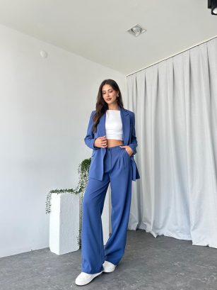 Kadın Mavi Oversize Ceket Pantolon Takım