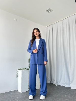 Kadın Mavi Oversize Ceket Pantolon Takım