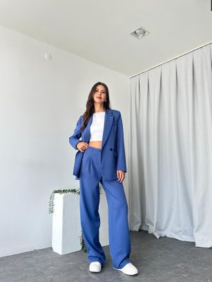 Kadın Mavi Oversize Ceket Pantolon Takım