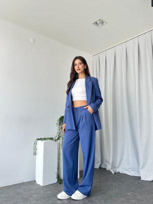 Kadın Mavi Oversize Ceket Pantolon Takım