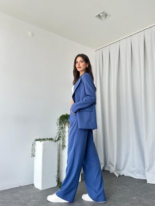 Kadın Mavi Oversize Ceket Pantolon Takım