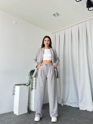 Kadın Gri Oversize Ceket Pantolon Takım