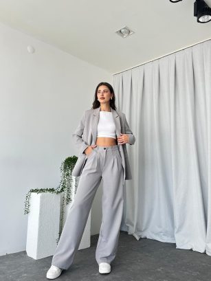 Kadın Gri Oversize Ceket Pantolon Takım