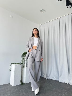 Kadın Gri Oversize Ceket Pantolon Takım