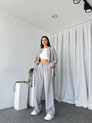 Kadın Gri Oversize Ceket Pantolon Takım