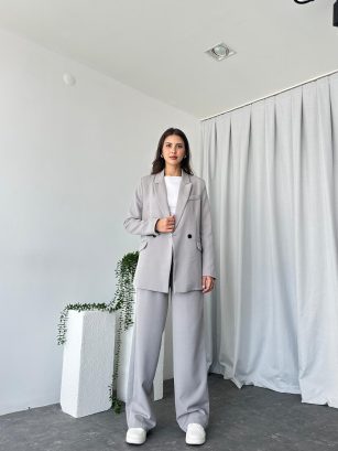Kadın Gri Oversize Ceket Pantolon Takım