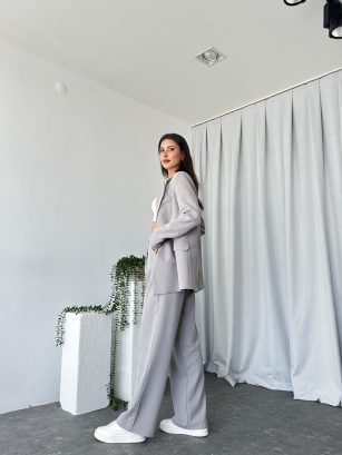 Kadın Gri Oversize Ceket Pantolon Takım