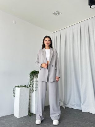 Kadın Gri Oversize Ceket Pantolon Takım