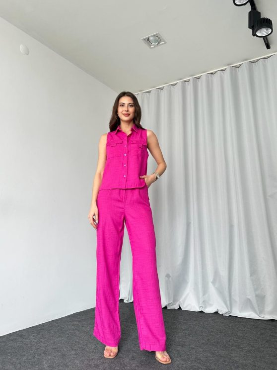 Düğmeli Gömlek-Pantalon Takım (Fuşya)