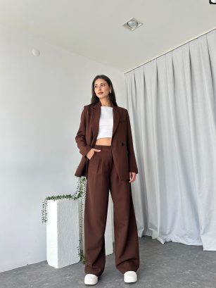 Kadın Kahverengi Oversize Ceket Pantolon Takım