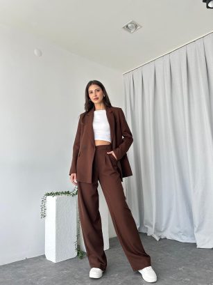 Kadın Kahverengi Oversize Ceket Pantolon Takım