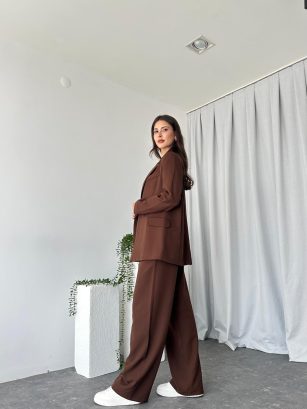 Kadın Kahverengi Oversize Ceket Pantolon Takım