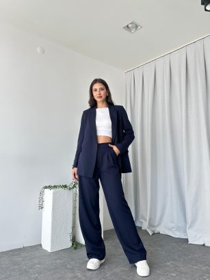 Kadın Lacivert Oversize Ceket Pantolon Takım
