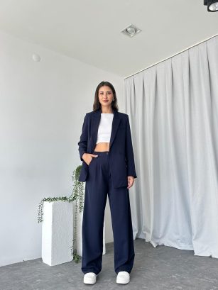 Kadın Lacivert Oversize Ceket Pantolon Takım