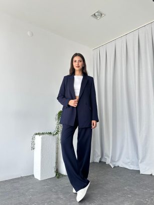 Kadın Lacivert Oversize Ceket Pantolon Takım