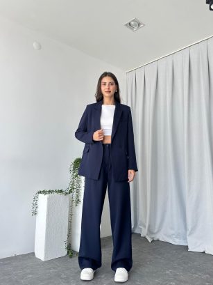 Kadın Lacivert Oversize Ceket Pantolon Takım