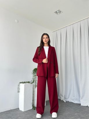 Kadın Bordo Oversize Ceket Pantolon Takım