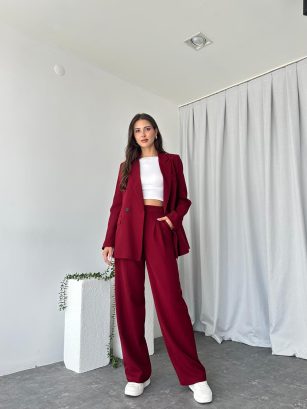 Kadın Bordo Oversize Ceket Pantolon Takım