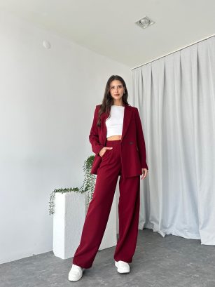 Kadın Bordo Oversize Ceket Pantolon Takım