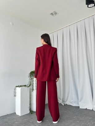 Kadın Bordo Oversize Ceket Pantolon Takım