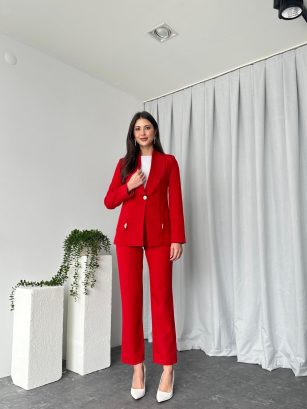Kadın Kırmızı Lessi Ceket Pantolon Takım