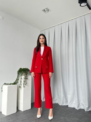 Kadın Kırmızı Lessi Ceket Pantolon Takım