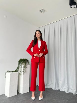 Kadın Kırmızı Lessi Ceket Pantolon Takım