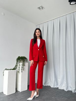 Kadın Kırmızı Lessi Ceket Pantolon Takım