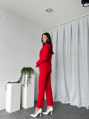 Kadın Kırmızı Lessi Ceket Pantolon Takım
