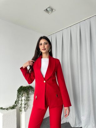 Kadın Kırmızı Lessi Ceket Pantolon Takım
