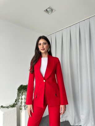 Kadın Kırmızı Lessi Ceket Pantolon Takım