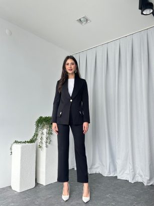 Kadın Siyah Lessi Ceket Pantolon Takım