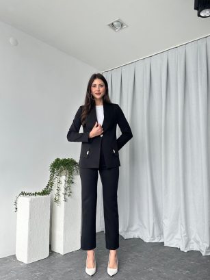 Kadın Siyah Lessi Ceket Pantolon Takım