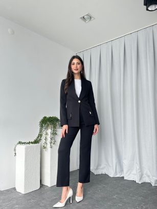 Kadın Siyah Lessi Ceket Pantolon Takım