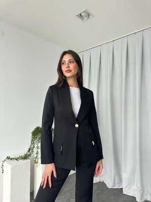 Kadın Siyah Lessi Ceket Pantolon Takım