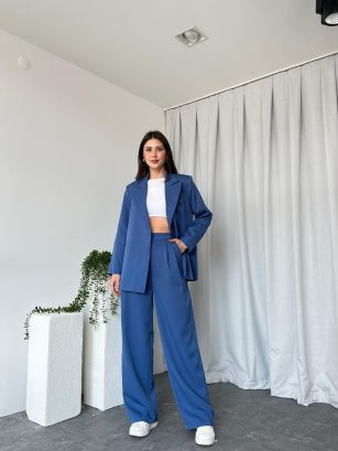 Kadın Oversize Mavi Aster Ceket Pantolon Takım