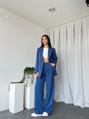 Kadın Oversize Mavi Aster Ceket Pantolon Takım