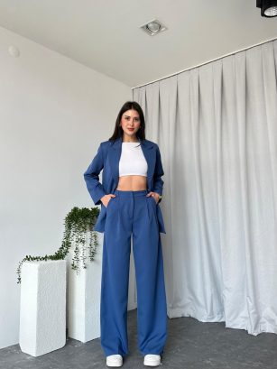 Kadın Oversize Mavi Aster Ceket Pantolon Takım