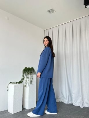 Kadın Oversize Mavi Aster Ceket Pantolon Takım