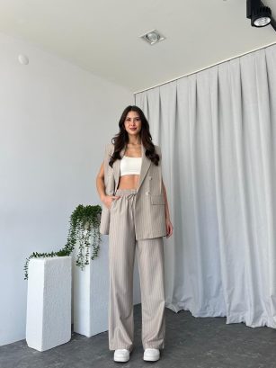 Kadın Amelia Taş Rengi Yelek Pantolon Takım