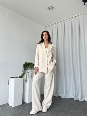 Kadın Oversize Krem Aster Ceket Pantolon Takım