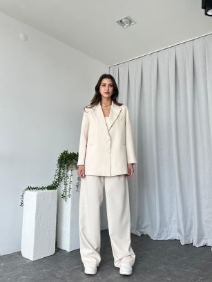 Kadın Oversize Krem Aster Ceket Pantolon Takım