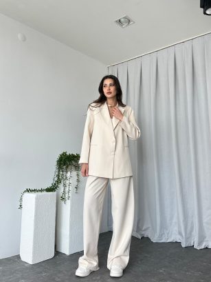 Kadın Oversize Krem Aster Ceket Pantolon Takım