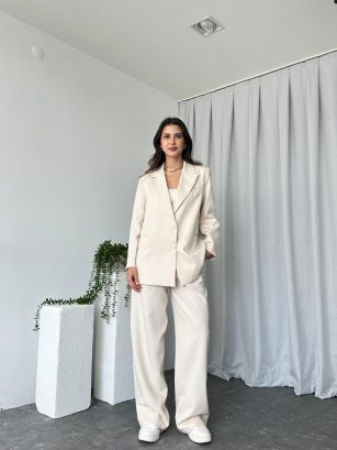 Kadın Oversize Krem Aster Ceket Pantolon Takım