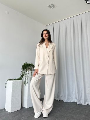 Kadın Oversize Krem Aster Ceket Pantolon Takım